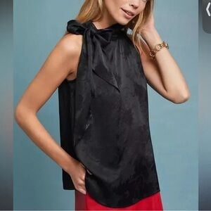 Anthropologie Moulinette Soeurs Blouse 6 Tie Neckline Satin Floral Black